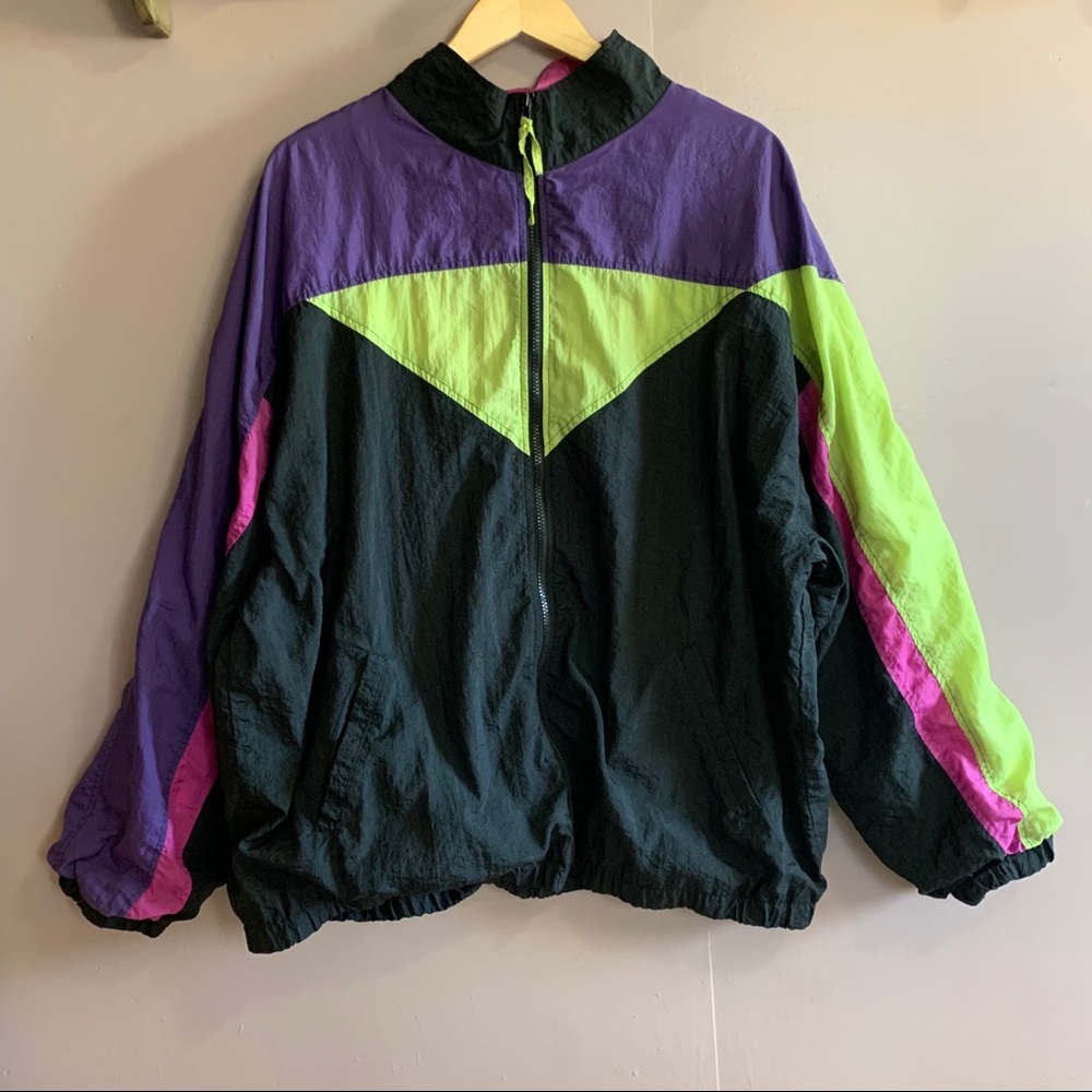 Vintage Cheetah Women's XXL Neon 80s Track Jacket Color Block 100% Nylon. Lined
